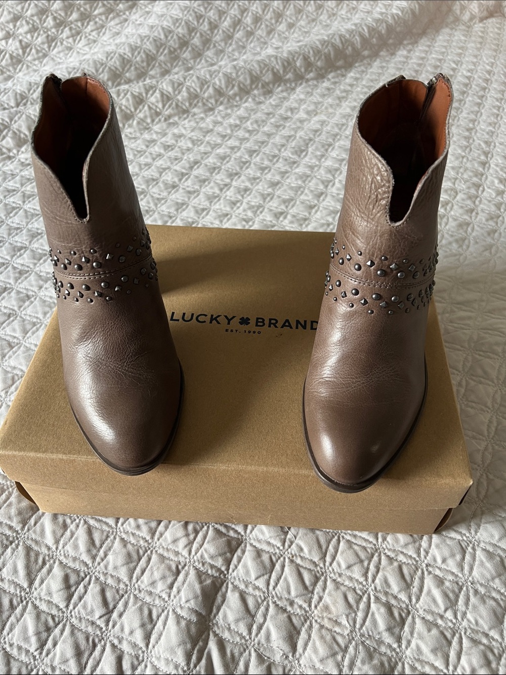 Lucky Brand Taupe/Brown Studded Leather Ankle Booties